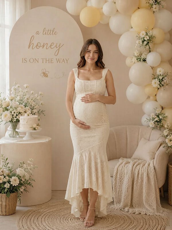 Momyknows Elegant Beige Ruched Floral Irregular Mermaid Bodycon Maternity Baby Shower Maxi Dress, Beige / L