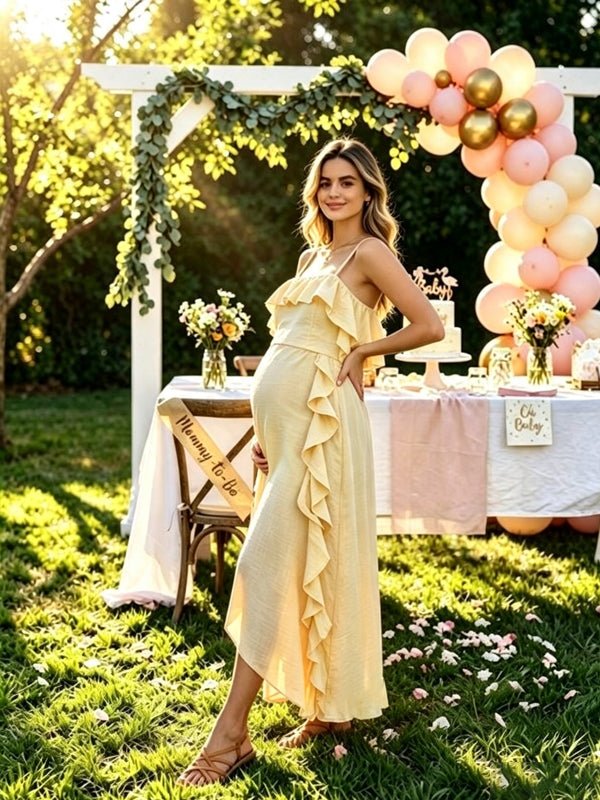 Momyknows Spaghetti Strap Falbala Irregular Maternity Baby Shower Midi Dress - Yellow - 4