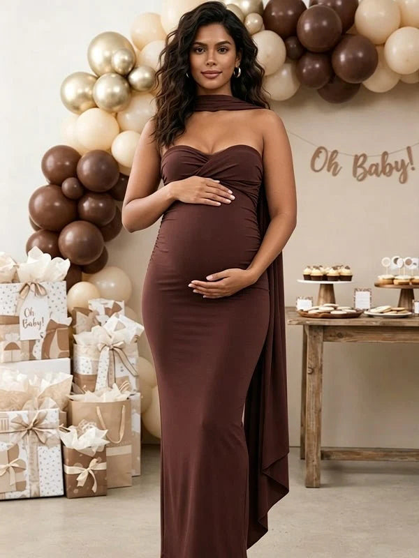Momyknows Brown Side Slit Open Back Ribbon Ruched Bodycon Maternity Baby Shower Maxi Dress