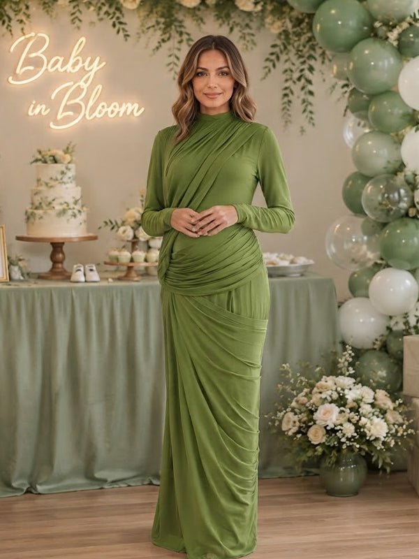 Momyknows Green Oblique Shoulder Ruched Bodycon Maternity Baby Shower Maxi Dress - Green - 2