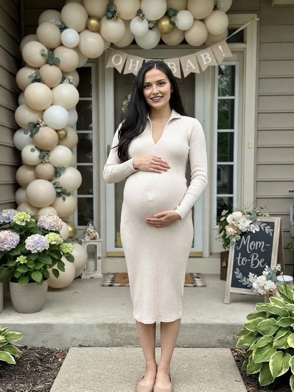 Ivory-White V Neck Crochet Maternity Midi Dress with Sweater Texture and Flattering Silhouette, Baby Shower Style