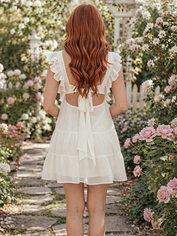 Momyknows Ruched Open Back Lace-Up A-line Bowknot Maternity Photoshoot Mini Dress - White - 3