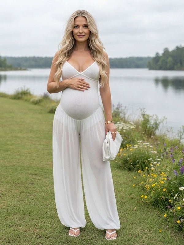 Momyknows White Spaghetti Strap Sheer Lace Up Backless Photoshoot Maternity Jumpsuit - White - 3