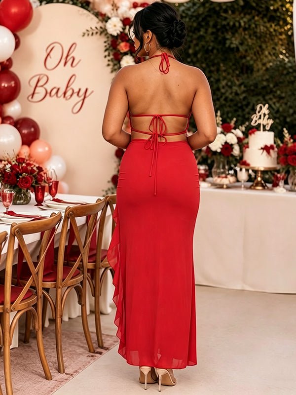 Momyknows Red Open Back Lace-Up High Waist Irregular Side Slit Maternity Baby Shower Maxi Dress - Red - 3