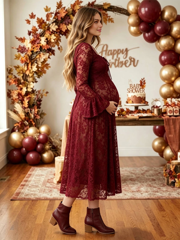 Red Lace Maternity Midi Dress with Flare Sleeves and A-Line Silhouette