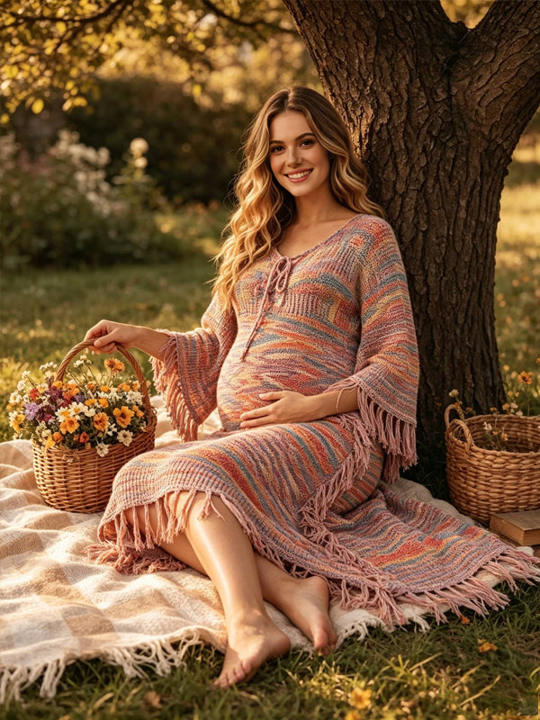 Pink Ribbed Knit Maternity Midi Dress with Irregular Hem and Comfortable Fit