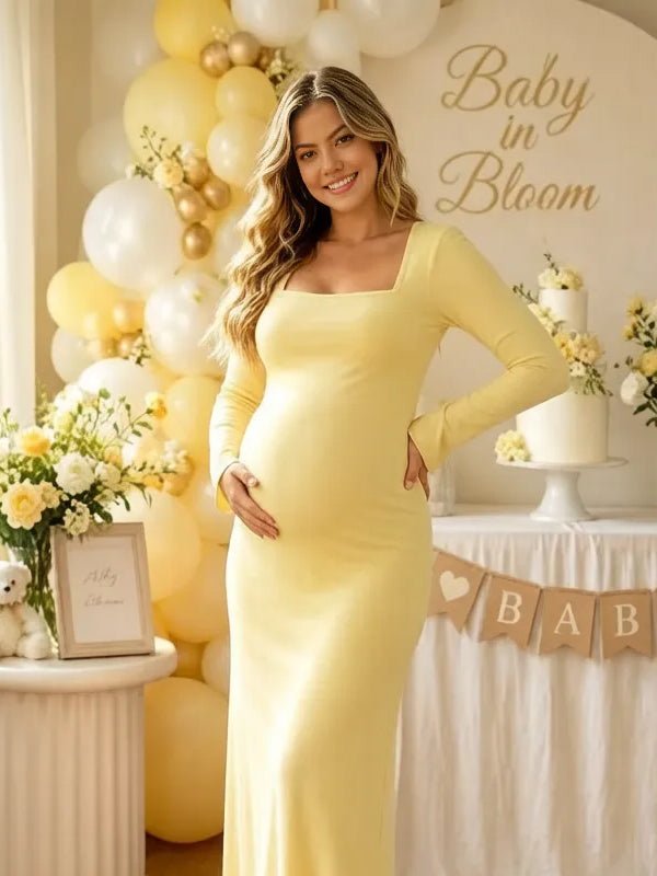 Momyknows Yellow Long Sleeve Lace-up Square Neck Solid Color Maternity Baby Shower Midi Dress - Yellow - 2