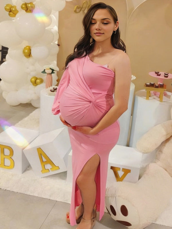 Momyknows Pink Oblique Shoulder Ruched Side Slit Maternity Baby Shower Maxi Dress