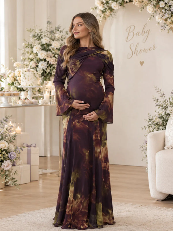 Coffle Elegant Maternity Maxi Dress with Ruched Design and Cape Print Detail and Graceful Silhouette, Baby Shower