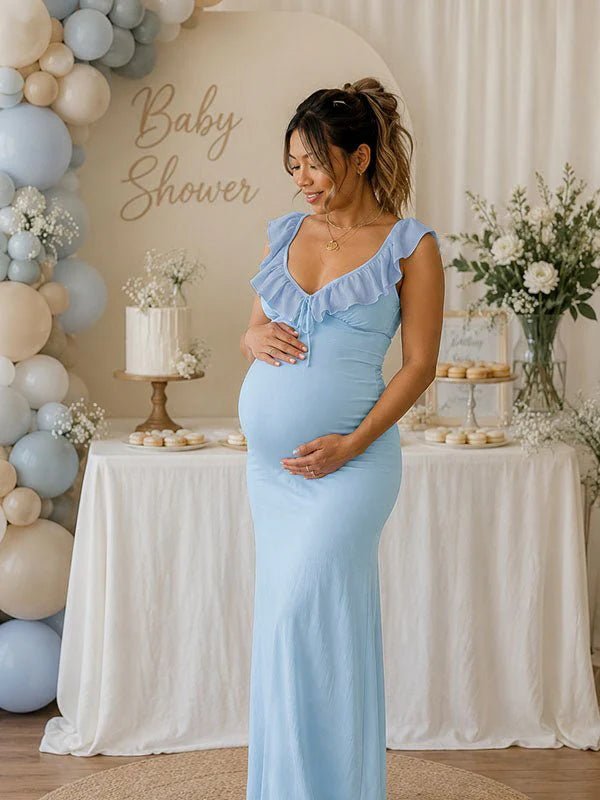 Momyknows Elegant Blue Falbala Bodycon Lace-Up Backless Baby Shower Maternity Maxi Dress, Blue / S