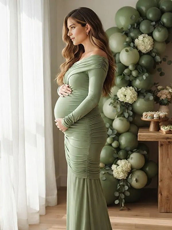 Momyknows Green Oblique Shoulder Ruched Side Slit Asymmetric Maternity Baby Shower Maxi Dress - Green - 2