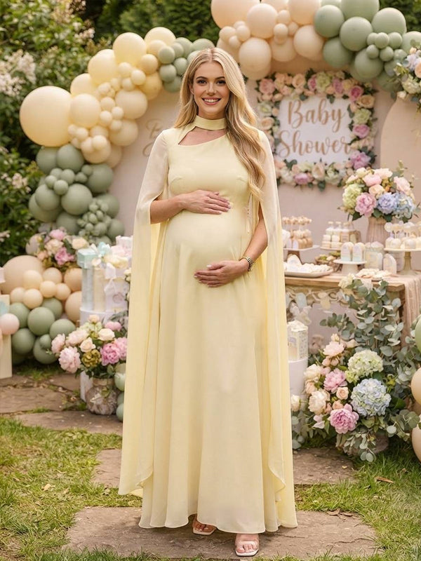 Yellow Lace-Up Maternity Dress with Tulle Slit Sleeves and Bodycon Fit, Baby Shower