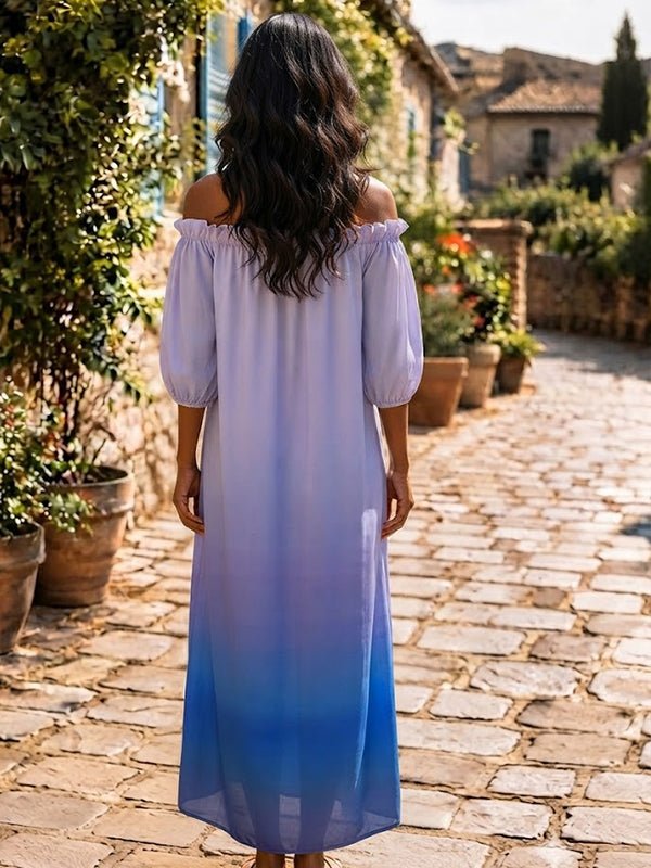Momyknows Blue Off Shoulder Open Back Gradient Color Puff Sleeve Ruched Maternity Photoshoot Maxi Dress - Blue - 4