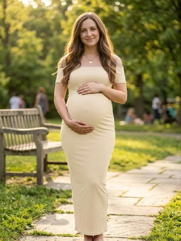 Momyknows Apricot Off Shoulder Ruched Backless Maternity Photoshoot Maxi Dress - Apricot - 1