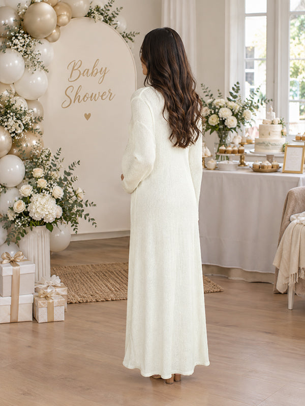 White Crochet Cardigan Baby Shower Maternity Maxi Dress with Coordinated Two Piece Styling