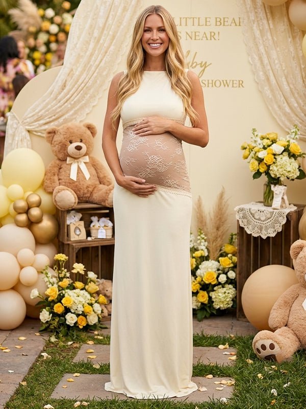 Momyknows Cream Lace Waist Backless Bodycon Baby Shower Maternity Maxi Dress, Pink / L