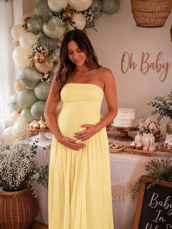 Momyknows Elegant Side Slit Bandeau Ruched Baby Shower Maternity Maxi Dress