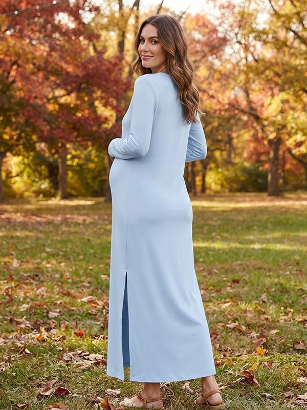 Blue Leisure Maternity Maxi Dress with Double Slit Detail and Practical Pockets