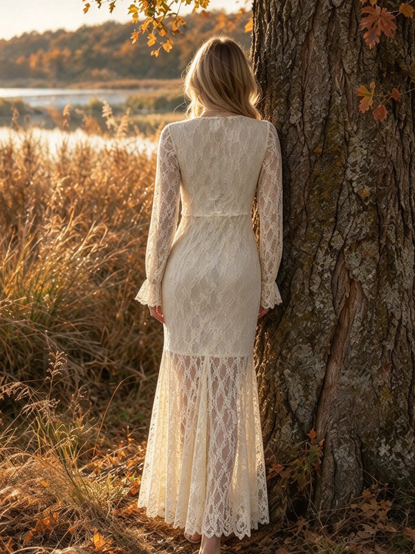Apricot Maternity Maxi Dress with Lace Details and Bell Sleeve Design