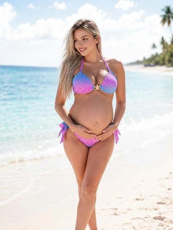 Momyknows Purple Lace-up Backless Halter Neck Hit Color Two Piece Bikini Maternity Swimsuit - Purple - 3