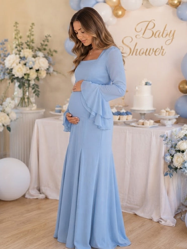 Blue Elegant Ruffle Maternity Maxi Dress with Flare Sleeves and Big Swing Silhouette