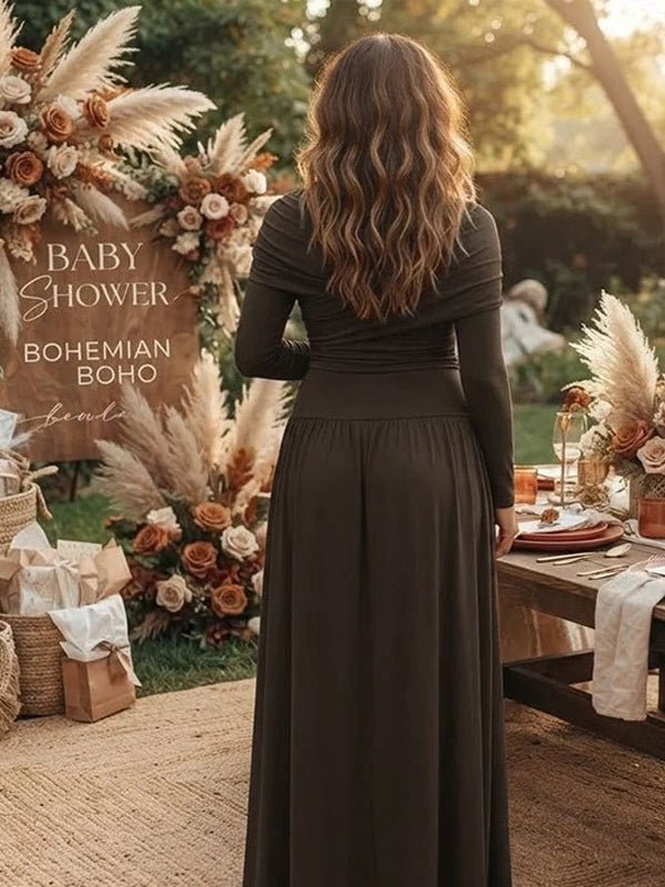 Momyknows Brown Cape Big Swing Ruched Maternity Baby Shower Maxi Dress - Brown - 3