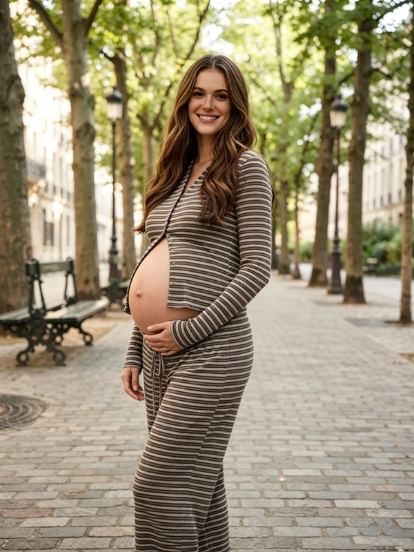 Brown Two-Piece Maternity Set with Striped Pattern and Midriff-Baring Design