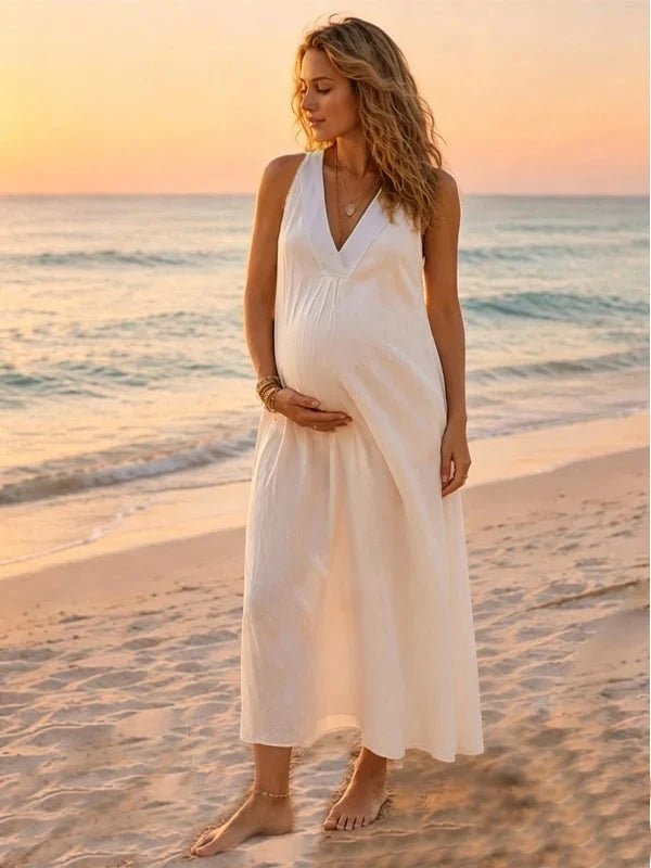 Momyknows White Plus Size Spliced Deep V Comfy Maternity Photoshoot Maxi Dress - White - 1