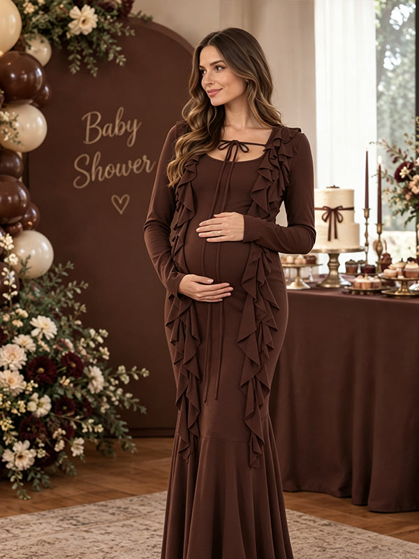 Brown Ruffle Ruched Maternity Maxi Dress with Lace Up Detail and Flattering Silhouette