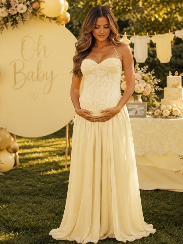 Yellow Maternity Maxi Dress with Lace Detail and Halter Neck and Flowing Big Swing Shape, Baby Shower