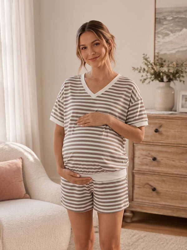 Momyknows Daily 2-in-1 Pockets Striped Maternity Top And Shorts