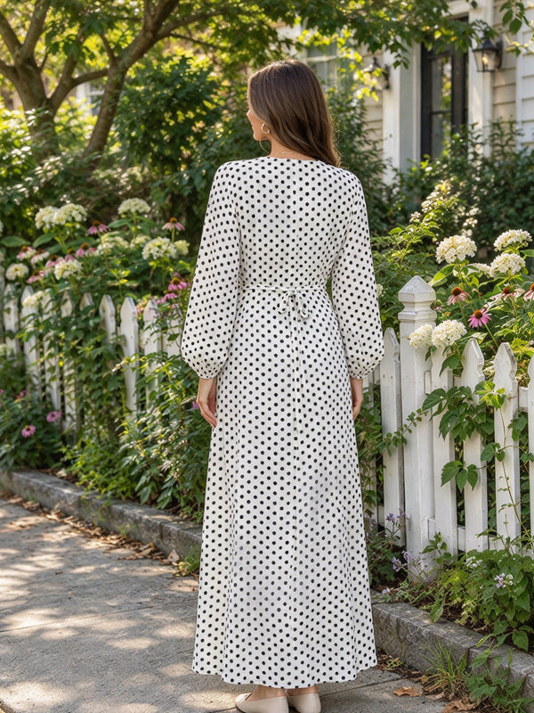 White Lace Up Maternity Maxi Dress with Polka Dot Pattern and Flattering Silhouette