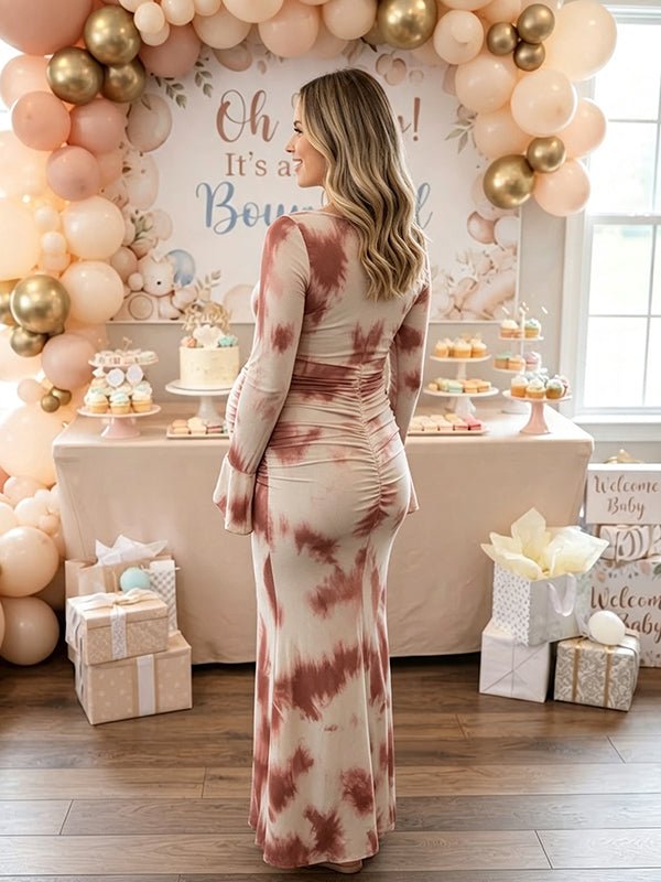 Momyknows Pink Long Sleeve Tie Dye Ruffle Bodycon Babyshower Maternity Maxi Dress - Pink - 2
