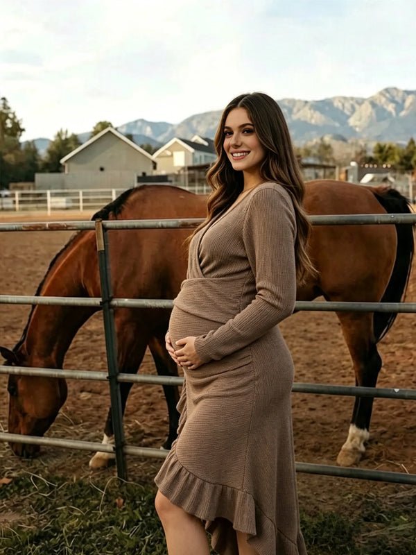 Momyknows Camel Falbala V-neck Long Sleeve Irregular Solid Color Photoshoot Maternity Midi Dress - Camel - 3