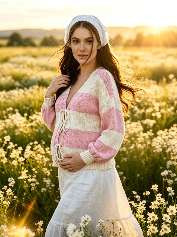 Pink Striped Maternity Cardigan with Lace-Up Details and Comfortable Fit