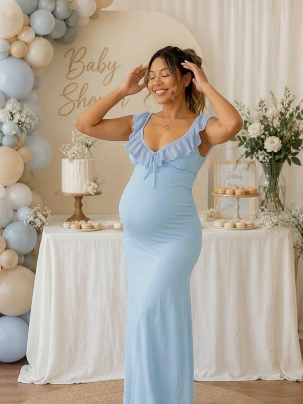 Momyknows Elegant Blue Falbala Bodycon Lace-Up Backless Baby Shower Maternity Maxi Dress - Blue - 2
