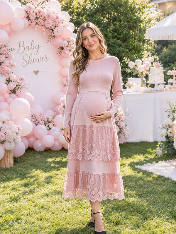 Pink Lace Maternity Midi Dress with Big Swing Silhouette and Grenadine Detail and Elegant Fit, Baby Shower Occasion