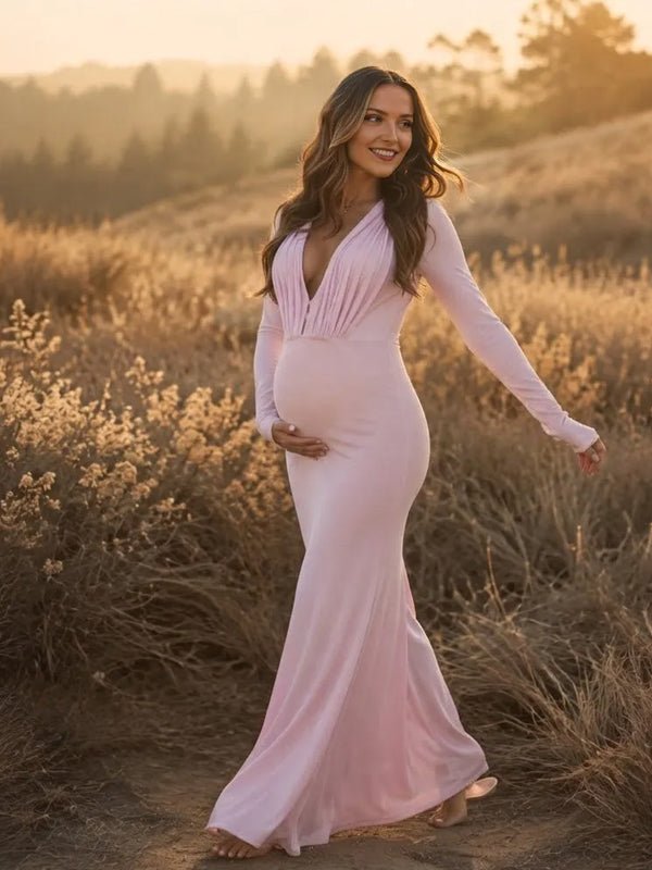 Momyknows Deep V Ruched Sheer Bodycon Maternity Photoshoot Maxi Dress - Pink - 2
