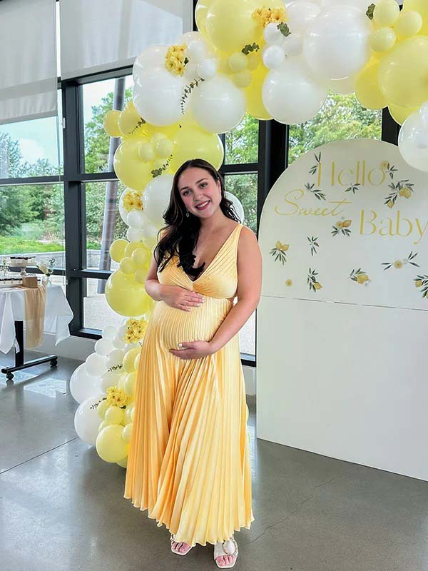 Momyknows Yellow Pleated Cut Out V-neck Big Swing Elegant Cocktail Party Gown Maternity Photoshoot Baby Shower Maxi Dress