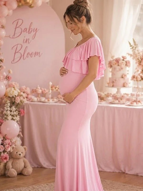Momyknows Pink Off Shoulder Open Back Bodycon Ruched A-Line Maternity Baby Shower Maxi Dress - Pink - 2