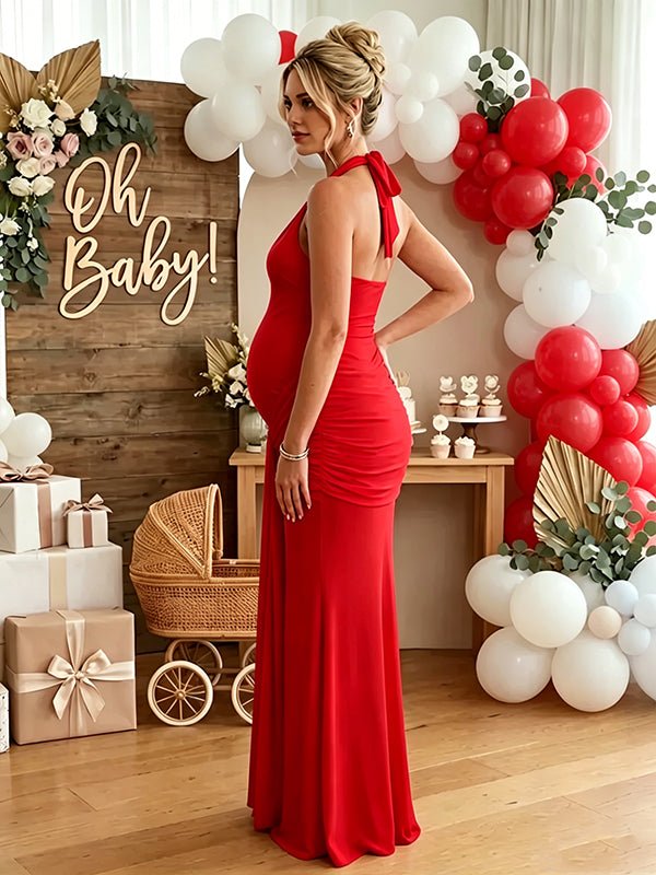 Momyknows Ruched Bowknot Draped Backless Halter Neck Bodycon Baby Shower Maternity Maxi Dress, Pink / S