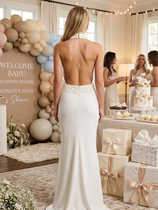 Momyknows White Halter Neck Sequin Ruched Backless Maternity Baby Shower Maxi Dress, White / S