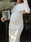 Momyknows White Off Shoulder Ruffle Flare Sleeve Back Split Party Elegant Baby Shower Maternity Midi Dress