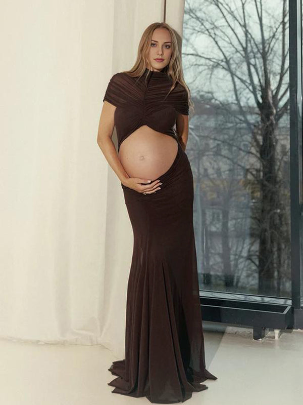 Momyknows Brown Mesh Ruched Cut Out Cape Sleeve Big Swing Maternity Maxi Dress