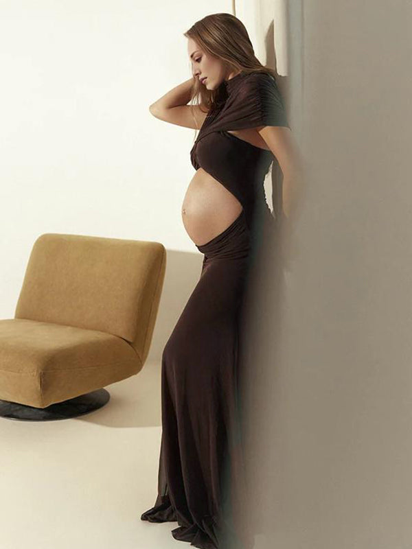 Momyknows Brown Mesh Ruched Cut Out Cape Sleeve Big Swing Maternity Maxi Dress Momyknows Brown Mesh Ruched Cut Out Cape Sleeve Big Swing Maternity Maxi Dress