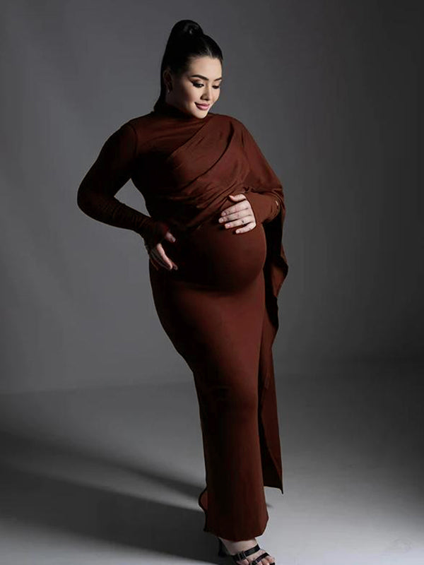 Momyknows Coffee Irregular Ruched Draped Cape Sleeve Back Slit Maternity Maxi Dress