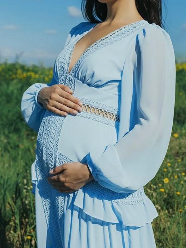 Momyknows Ruffle Lace Hollow Out Silt Lantern Sleeve Boho Maternity Maxi Dress, Watermelon Red / XL
