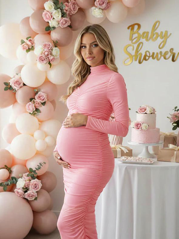 Momyknows Pink Ruched Stand Collar Long Sleeve Bodycon Maternity Midi Dress