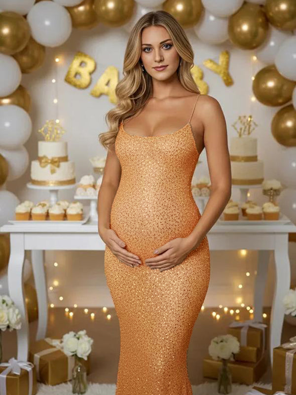 Momyknows Sparkle Golden Sequin Cami Backless Mermaid Maternity Maxi Dress