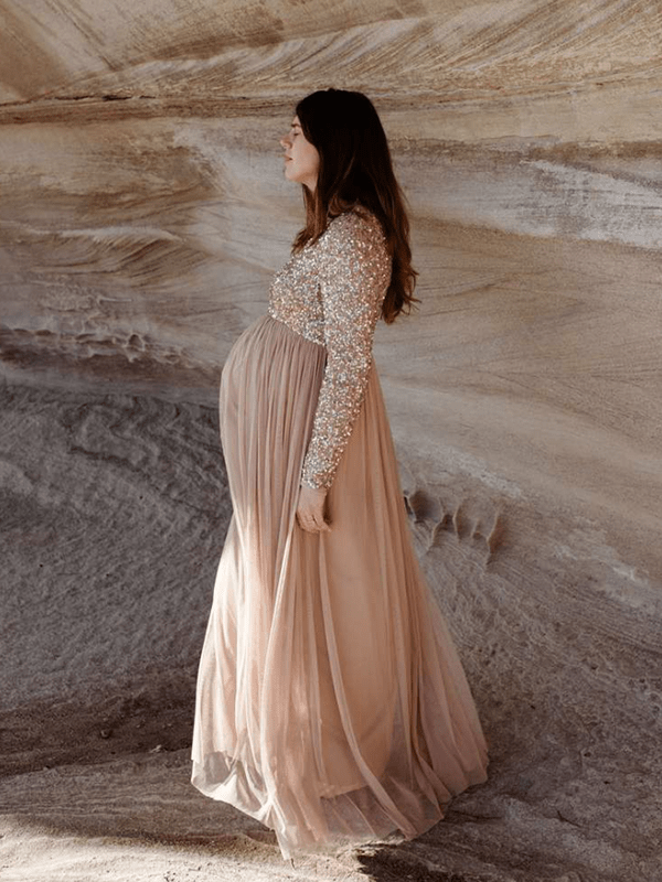 Momyknows Sequin Tulle Splicing Long Sleeve Party Gown Photoshoot Maternity Baby Shower Maxi Dress, champion / M